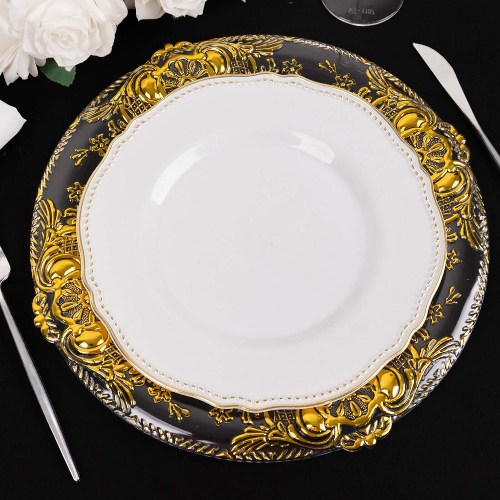 6-Pack Plastic Charger Plates 13" Round Clear with Gold Florentine Embossed Rim - Exquisite Dinner Serving Plates